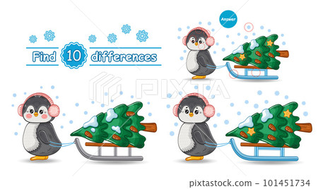 Cute New Year penguin bird with holiday Christmas tree on sled, find 10 differences puzzle education children game. Search match picture. Winter arctic animal. Kids preschool logical exercise. Vector Cute New Year penguin bird with holiday Christmas tree on sled, find 10 differences puzzle education children game. Search match picture. Winter arctic animal. Kids preschool logical exercise. Vector 101451734