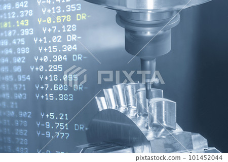 Abstract scene the 5-axis machining center cutting the water turbine blade part and G-code data background. 101452044