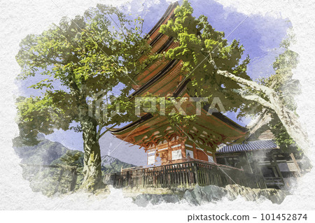 Watercolor style Miyajima Itsukushima Shrine five-storied pagoda Hatsukaichi City, Hiroshima Prefecture 101452874
