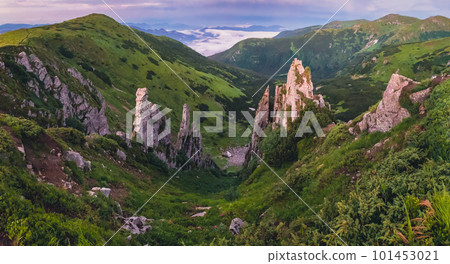 Rock spires of mount Shpytsi. Chornohora ridge, Carpathian mountains, Ukraine. 101453021