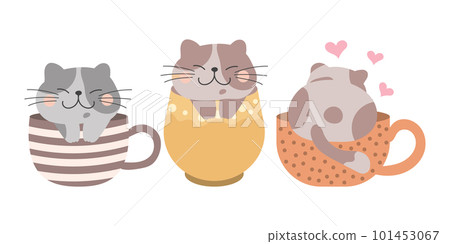Cute cartoon cats in cups, set. Children's print, vector 101453067