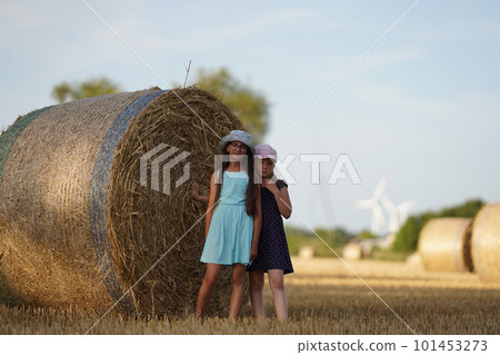 Front view of smiling caucasian little girls hugging and looking at camera with fresh hay bales on farm. Modern countryside lifestyle. Sunny day Front view of smiling caucasian little girls hugging and looking at camera with fresh hay bales on farm. Modern countryside lifestyle. Sunny day 101453273