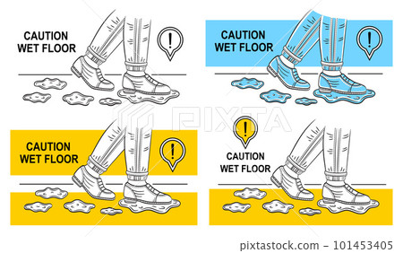 Wet slippery floor caution, danger human slip walking on clean washed room flooring surface icon set. Legs in shoes step on water drop, puddle indoor. Warning sign. Prevent falling injury risk vector 101453405