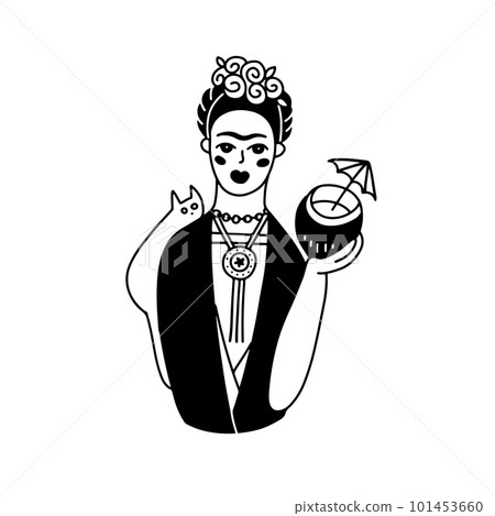 Cute Frida print in traditional mexican clothing in balck and white doodle style, Woman with wreath of flowers on head. Coconut cocktail in her hands. Vector isolated linear illustration 101453660