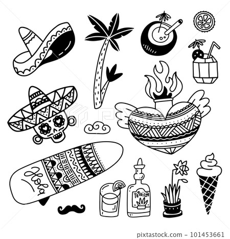 Mexican culture icons set in drawn linear doodle style. Silhouette symbols for Cinco de mayo festival. Collection of black vector elements - hat, skull, sacred heart, drink. Free hand illustration. 101453661