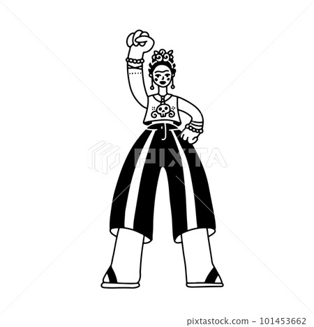 Doodle full-length female figure with a raised fist. Frida Caricature concept. Girl poewr symbol. Linear black and white cute hipster person in casual clothes. Vector hand drawn isolated illustration 101453662