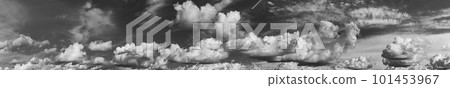 Panorama Of Cloudy Sky. Natural Day Cloudy Sky Abstract Background. Panorama Panoramic View. Backdrop. Copy Space. Black And White Colors 101453967