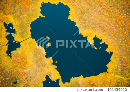 Miory District, Vitebsk Region, Belarus. The Yelnya Swamp. Upland And Transitional Bogs With Numerous Lakes. Elevated Aerial View Of Yelnya Nature Reserve Landscape. Famous Natural Landmark 101454030