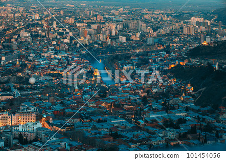 Tbilisi, Georgia. night evening blue hour Elevated top Scenic View Of Park Rike In Tbilisi, Georgia. Metekhi Church,Old Historic District Of Kala, Urban. Georgian Capital Skyline Cityscape Tbilisi, Georgia. night evening blue hour Elevated top Scenic View Of Park Rike In Tbilisi, Georgia. Metekhi Church,Old Historic District Of Kala, Urban. Georgian Capital Skyline Cityscape 101454056