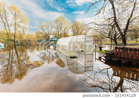 Vegetable Garden Beds In Water During Spring Flood floodwaters during natural disaster. Greenhouse Hothouse in Water deluge During A Spring Flood. inundation River 101454129
