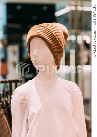 Casual warm Hat On Mannequin In Store Of Shopping Center. shelf display in shop mall store. Store Of Shopping Center. retail sale 101454136