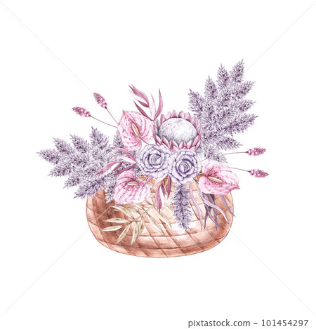 Watercolor basket with tropical flowers on a white background in boho style 101454297