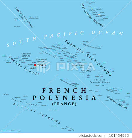 French Polynesia, political map. Overseas collectivity of France, and its sole overseas country, in the South Pacific Ocean, with 121 islands and atolls, and capital Papeete, on the island of Tahiti. 101454953