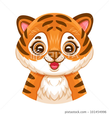 Cute african tiger cub face portrait. Funny little baby bengal wildcat head. Orange striped wild jungle cat or leopard. Happy kitten for kids print. Oriental zodiac animal sign. Cartoon vector Cute african tiger cub face portrait. Funny little baby bengal wildcat head. Orange striped wild jungle cat or leopard. Happy kitten for kids print. Oriental zodiac animal sign. Cartoon vector 101454996