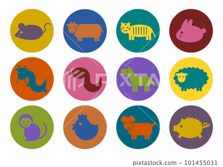 十二生肖彩色圓形圖標插圖集 十二生肖彩色圓形圖標插圖集 101455031