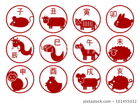 十二生肖圓形圖標插圖集(紅色) 十二生肖圓形圖標插圖集(紅色) 101455032