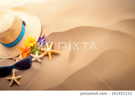Ultimate Beach Vibes: Straw Hat on Sandy Beach. Generative AI Ultimate Beach Vibes: Straw Hat on Sandy Beach. Generative AI 101455153