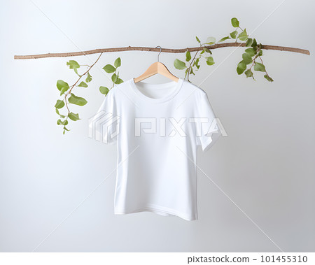 Clean and Minimal White T-Shirt Mockup on a Wooden Rail. Generative AI 101455310