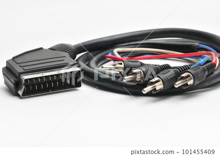 SCART RGB - 3 x RCA cable on a white background SCART RGB - 3 x RCA cable on a white background 101455409
