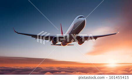 Commercial Airplane Soaring Above Dramatic Sunset Clouds. Generative AI 101455415