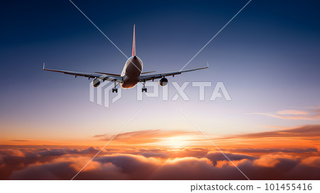 Commercial Airplane Soaring Above Dramatic Sunset Clouds. Generative AI 101455416