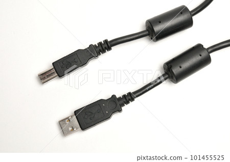 USB A and USB B printer plug cable on white background 101455525