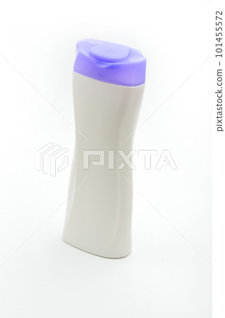White plastic bottle for shampoo with a purple cap on a white background White plastic bottle for shampoo with a purple cap on a white background 101455572