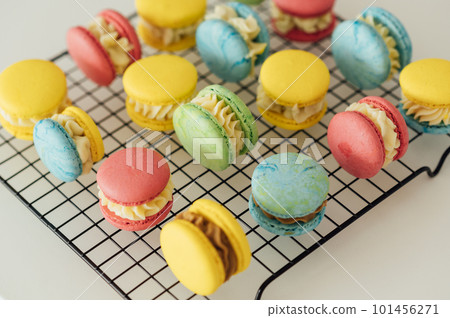 traditional french colorful macarons in a rows on a metal mesh 101456271