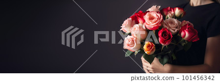 Female hand holds beautiful bouquet of roses. Mothers day, holiday decor, Flower delivery banner. Generative AI illustration 101456342