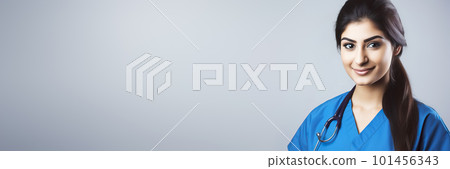 Attractive nurse or doctor in blue uniform. Generative AI illustration 101456343