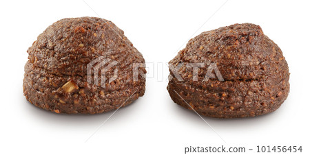chocolate cookie with kerob, banana, cashew, sunflower seeds and coconut paste isolated on white background. Healthy food, gluten-free, flour-free 101456454