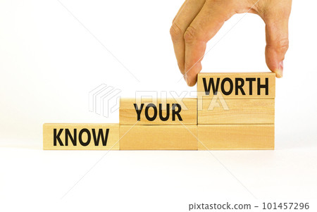 Know your worth symbol. Concept words Know your worth on wooden blocks. Businessman hand. Beautiful white table white background. Business and know your worth concept. Copy space. Know your worth symbol. Concept words Know your worth on wooden blocks. Businessman hand. Beautiful white table white background. Business and know your worth concept. Copy space. 101457296