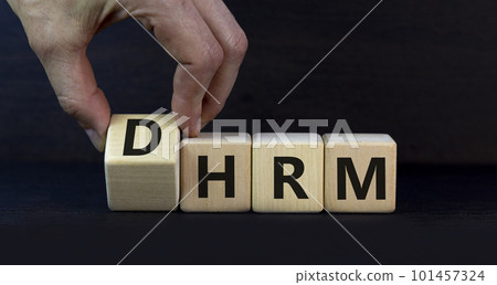 DHRM, domestic human resource management HRM symbol. Words DHRM, domestic human resource management on cubes on a beautiful grey background. Businessman hand. Business, DHRM HRM concept. Copy space. 101457324