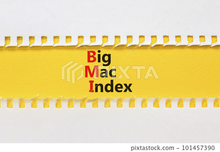 BMI big mac index symbol. Concept words BMI big mac index on yellow paper on a beautiful white paper background. Business and BMI big mac index concept. Copy space. BMI big mac index symbol. Concept words BMI big mac index on yellow paper on a beautiful white paper background. Business and BMI big mac index concept. Copy space. 101457390