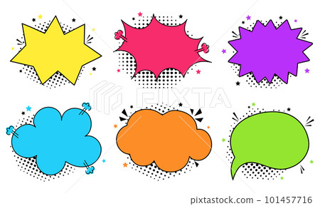 Collection colorful of empty comic speech bubbles with halftone shadows. Hand drawn retro cartoon stickers. Pop art style. Vector illustration 101457716