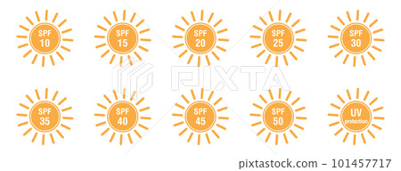 Set of flat SPF sun protection icons isolated on white background. Icons for sunscreen products or other skin cosmetics. Vector illustration Set of flat SPF sun protection icons isolated on white background. Icons for sunscreen products or other skin cosmetics. Vector illustration 101457717