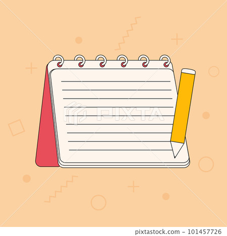 A note pad with colorful elements, a pencil, memo pad illustration set. Calendar or schedule online, time management. Diary, memo label, sticker, memo pencil, spring note. Vector illustration A note pad with colorful elements, a pencil, memo pad illustration set. Calendar or schedule online, time management. Diary, memo label, sticker, memo pencil, spring note. Vector illustration 101457726