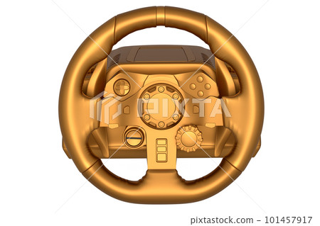 Realistic leather steering wheel with gold chrome texture on white background 101457917