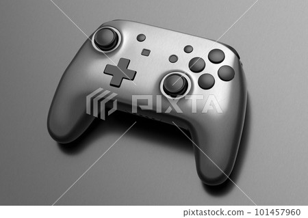 Realistic video game joystick with metallic chrome texture isolated on black 101457960