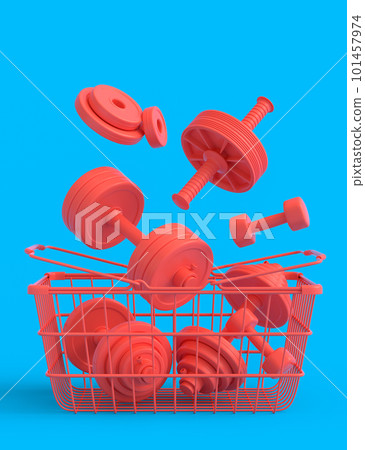 Sport equipment for fitness, gym, crossfit in shopping basket on monochrome Sport equipment for fitness, gym, crossfit in shopping basket on monochrome 101457974