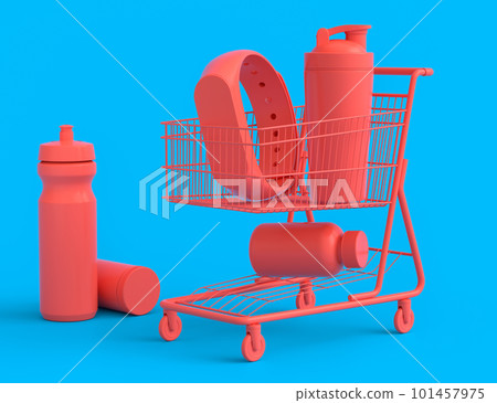 Sport equipment like sport shaker for protein drink in shopping cart 101457975