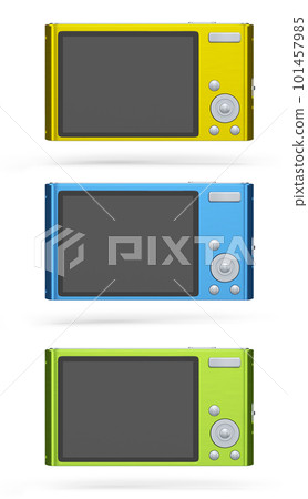 Set of compact pocket digital camera for summer holidays on white background. Set of compact pocket digital camera for summer holidays on white background. 101457985