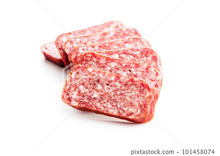 Smoked .sausage. Sliced salami isolatd on white background. Smoked .sausage. Sliced salami isolatd on white background. 101458074
