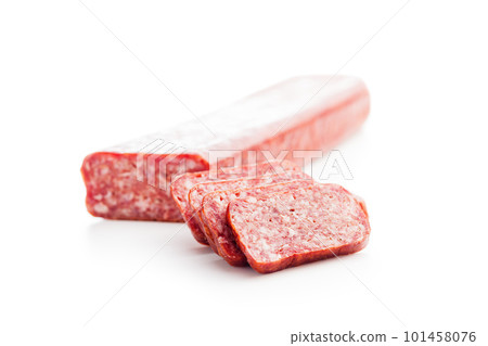 Smoked .sausage. Sliced salami isolatd on white background. Smoked .sausage. Sliced salami isolatd on white background. 101458076