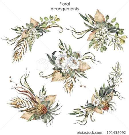 Set of watercolor floral arrangements. Wedding bouquets Save the date. White flowers, dried and green leaves. Summer Botanical png illustration for birthday card, invitation and logo composition. 101458092