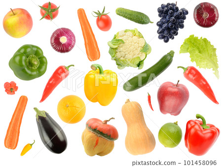 Big set falling vegetables and fruits isolated on white Big set falling vegetables and fruits isolated on white 101458096