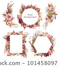 Set of watercolor floral Bohemian arrangements. Wedding geometric frames Save the date. Dried flowers and leaves. Autumn Botanical png illustration for birthday card, invitation and logo composition. 101458097