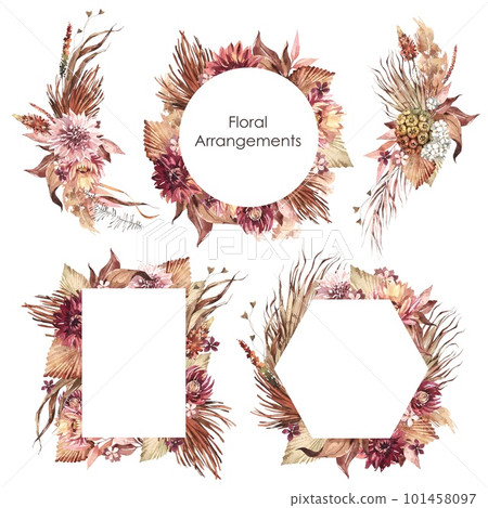 Set of watercolor floral Bohemian arrangements. Wedding geometric frames Save the date. Dried flowers and leaves. Autumn Botanical png illustration for birthday card, invitation and logo composition. 101458097