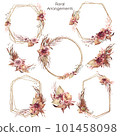 Set of watercolor floral Bohemian arrangements. Wedding geometric frames Save the date. Dried flowers and leaves. Autumn Botanical png illustration for birthday card, invitation and logo composition. 101458098