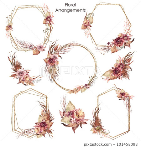 Set of watercolor floral Bohemian arrangements. Wedding geometric frames Save the date. Dried flowers and leaves. Autumn Botanical png illustration for birthday card, invitation and logo composition. 101458098